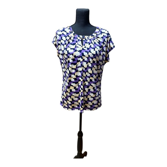 Notations Tops - Notations White, Purple & Black Cap Sleeve Blouse with Peter Pan Collar